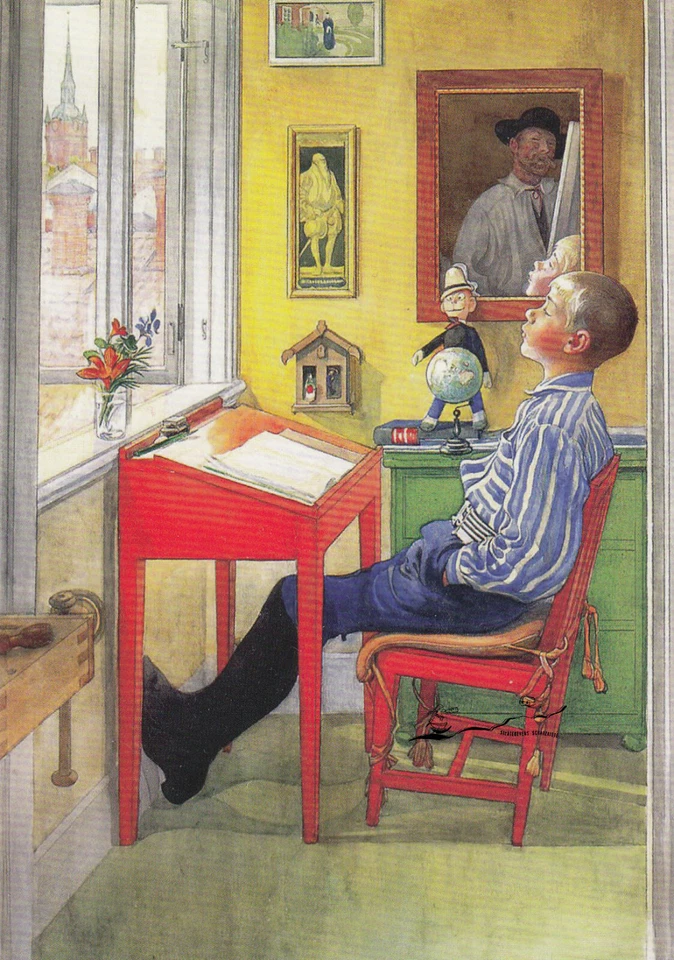 MARKENLOS Postkarte: Carl Larsson - Esbjorn bei den Hausaufgaben
