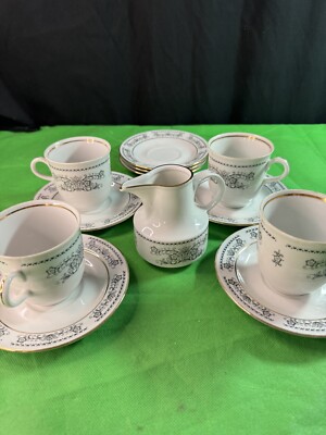 Henneberg Porzellan GDR Coffee Set w/ Sauce Boat & 3 Extra Saucers Vintage Rare