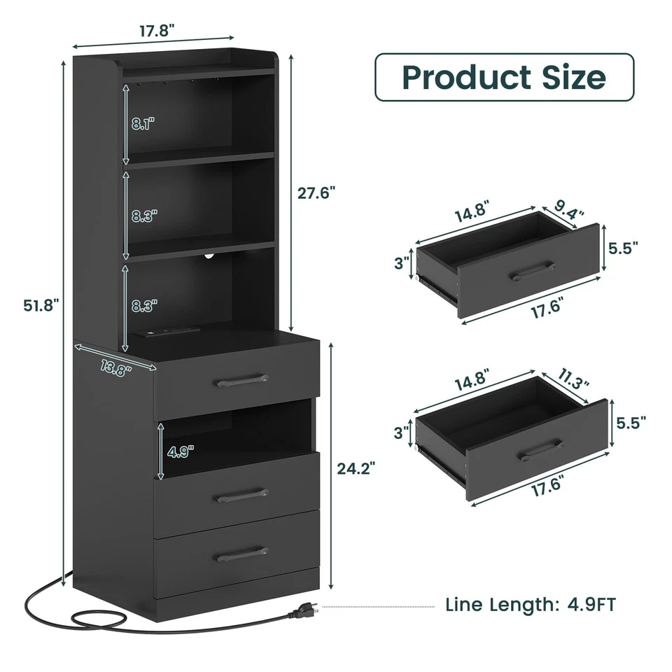 Suporte noturno alto com luzes LED, mesa de cabeceira preta com 3 gavetas para quarto - Imagem 3 de 4