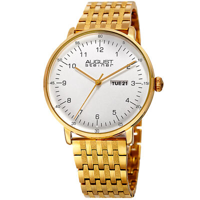 Men's August Steiner AS8215YG Quartz Date Steel Double Folding Bracelet Watch