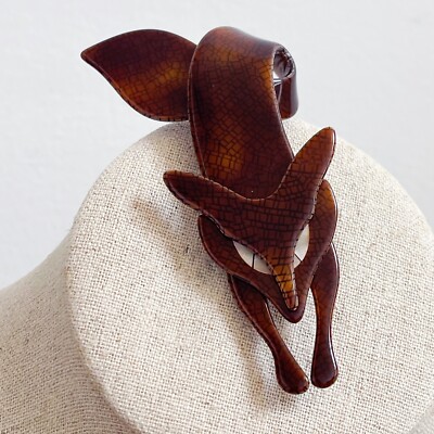 Vintage Lea Stein Brown Fox Handmade Designer Brooch Mother Of Pearl Statement 