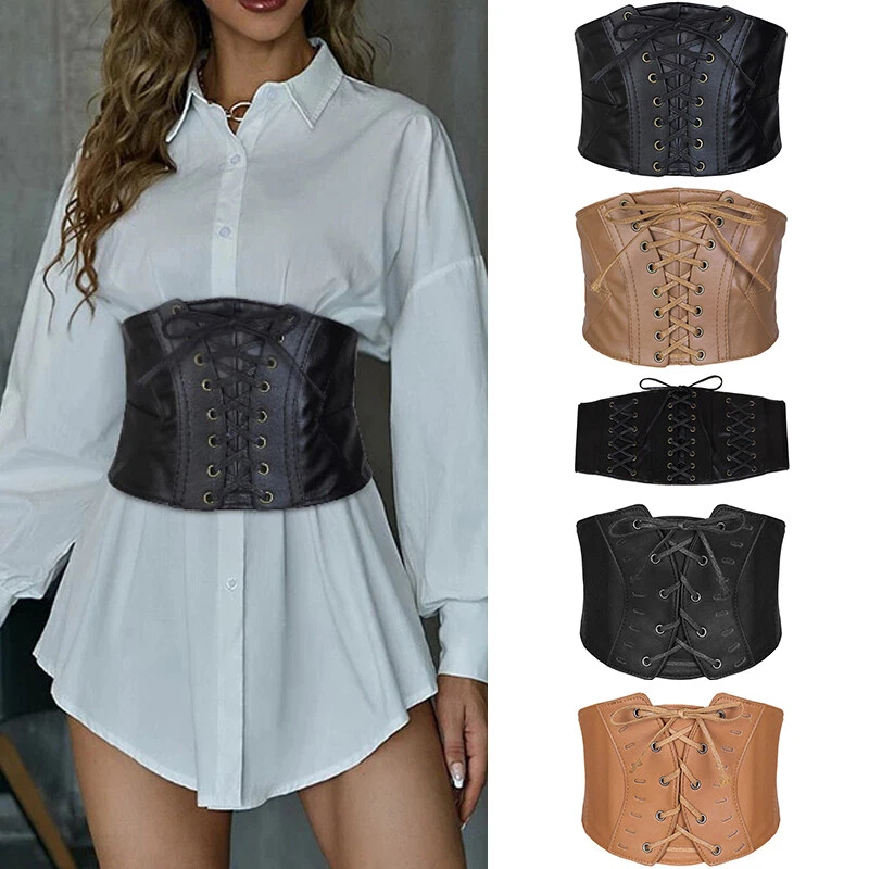 Womens Waist Cincher Wide Band Elastic Tied Waspie Corset Faux Leather Belt