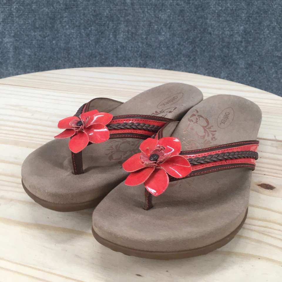 Sandalias Aetrex Mujer 7.5 Chanclas Tanga Naranja Cuero Floral Trenzado Sin Cordones Foto 3 de 4