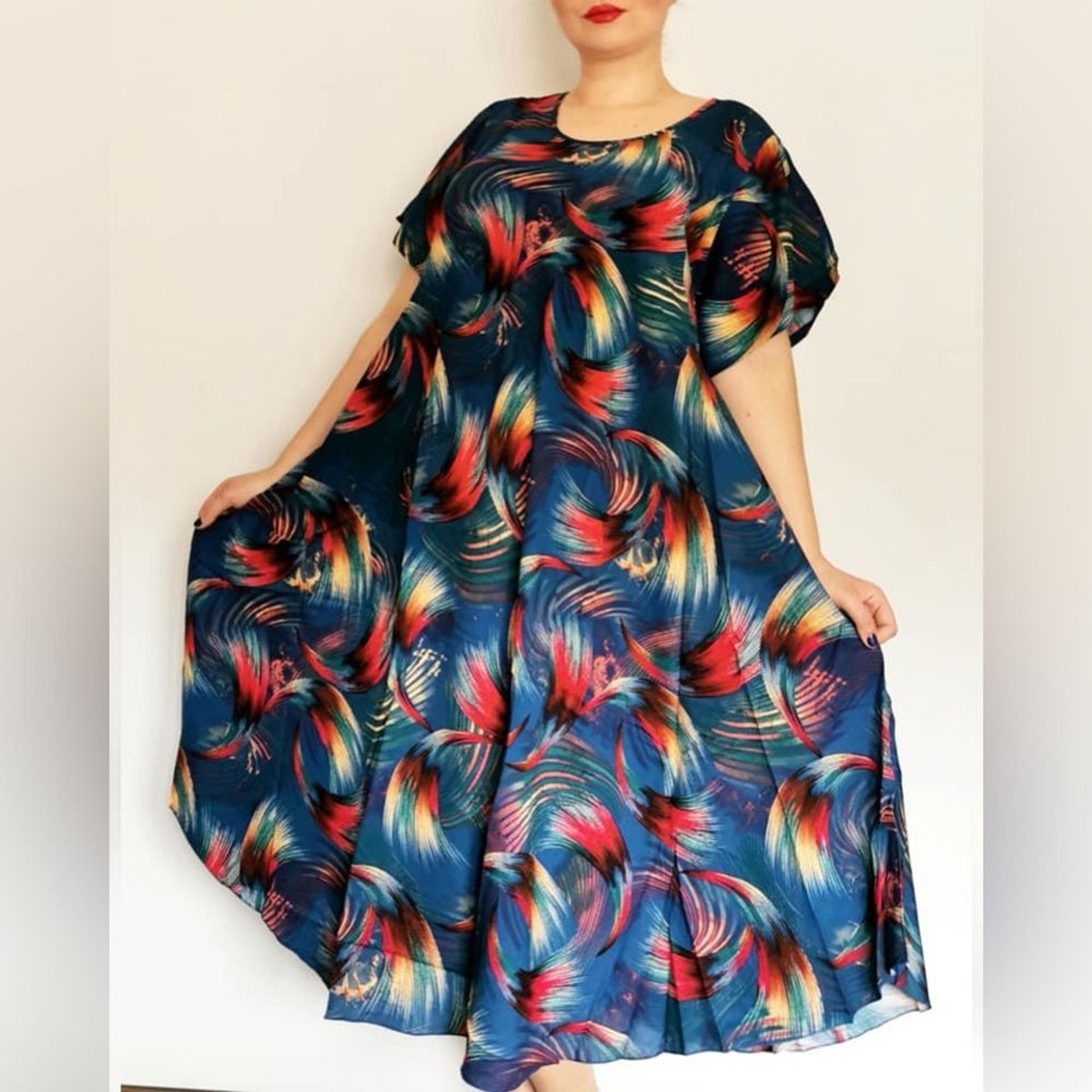 Colorful Dress Short Sleeve Flowy Swirl Pattern Swing A-Line Midi Blue Eclectic | eBay Colorful Dress Short Sleeve Flowy Swirl Pattern Swing A-Line Midi Blue Eclectic | eBay