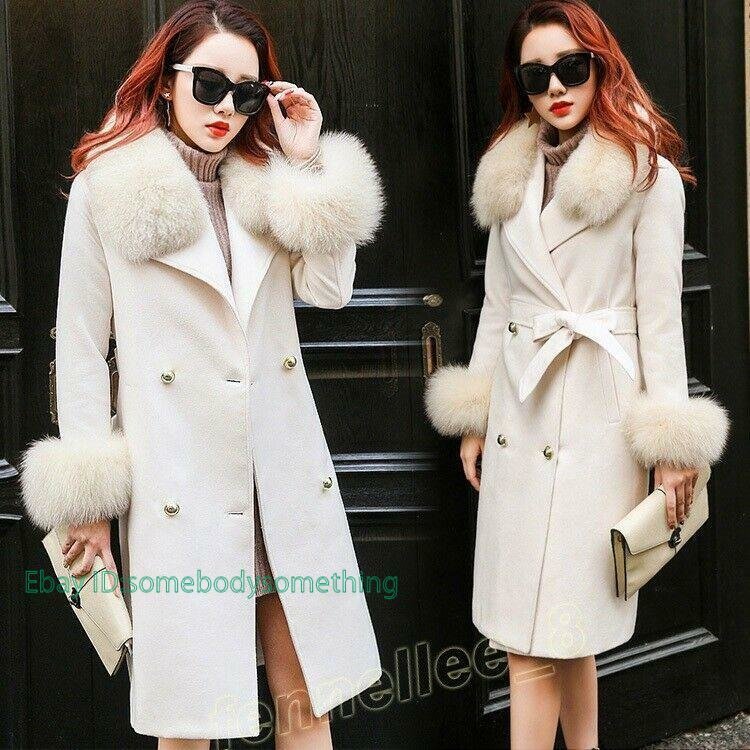 Women Wool Blend Fur Collar Slim Belt Warm Parka Trench Coat Long