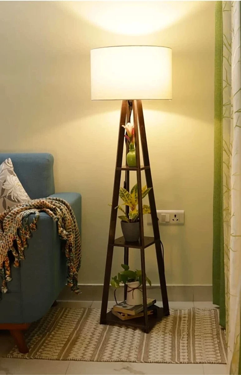 Floor Lamp with Shade Tripod Self Stand Wood Night Lamp for Home