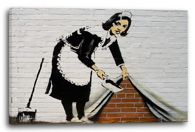 Lein-Wand-Bild Kunstdruck: Banksy Putzfrau kehrt Dreck unter Wand-Bemalung Graff