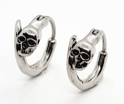 Feilok Orecchini Rotondi Teschio Punk In Acciaio Inossidabile Nero - Unisex - Confezione Regalo In Velluto