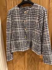 Women’s M&S 16 Navy Blue Cream Tweed Boucle Checked Collarless Short Jacket