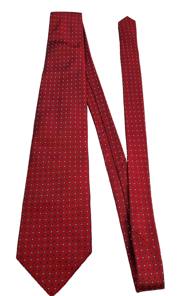 Dormeuil Men's Silk Necktie Deep Red w/Blue & White Dots & Shapes 59" L x 3.75 W - Image 3 of 4