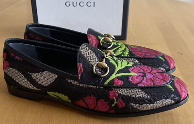 Gucci New Jordaan Brocade Horsebit Loafer Black Pink Floral Size - Main Image