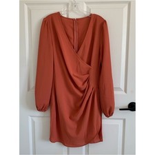 SHEIN Rust Orange Long-Sleeve Draped Wrap Dress Large Lightweight Mini  Office