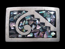 SB01130 VINTAGE 1970s  ABALONE  SOUTHWESTERN DESIGN ART BELT BUCKLE