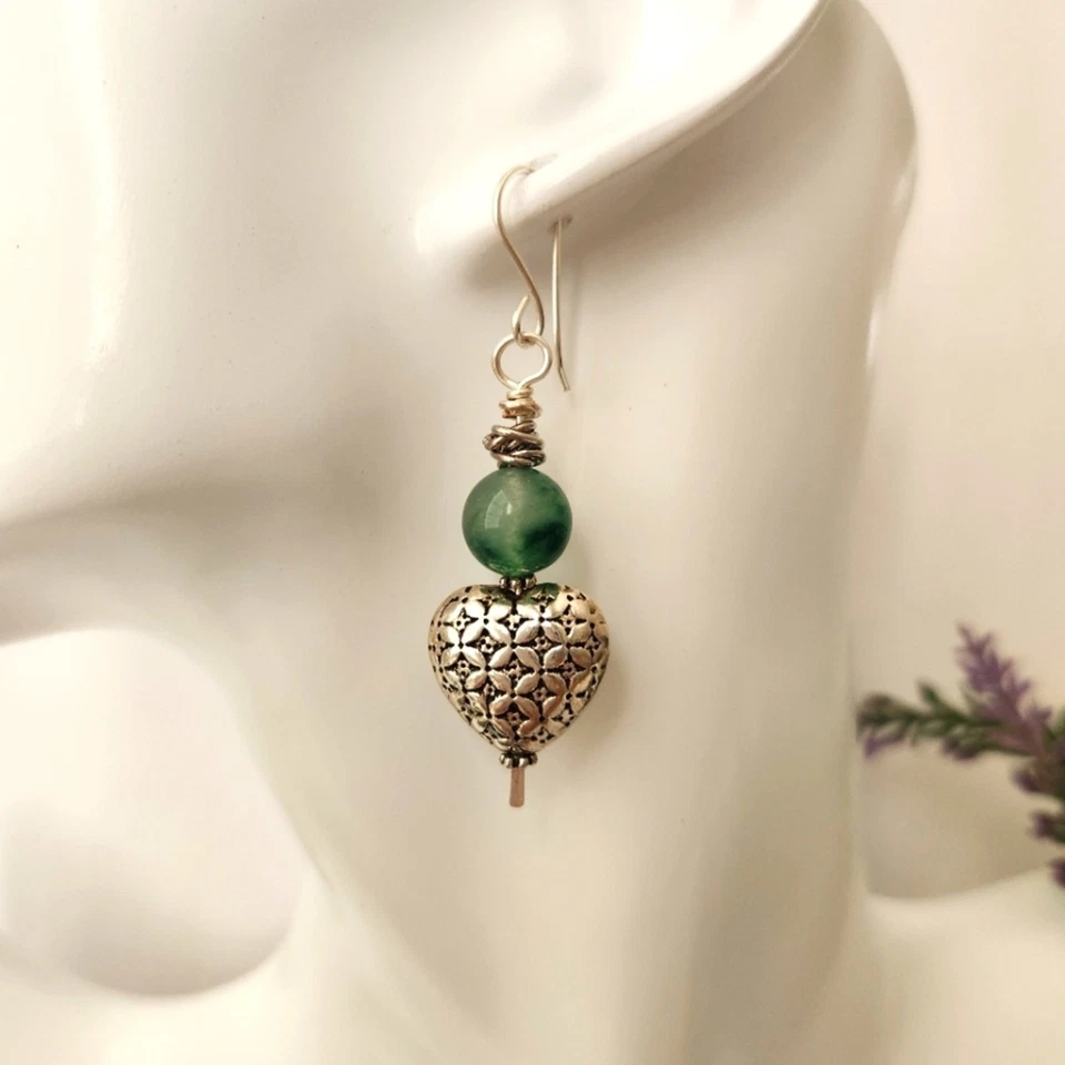 Natural Jade Stone Silver Heart Dangle Earrings - Image 2 of 4