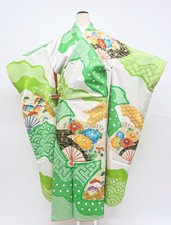 Japanese Vintage Kimono Furisode Silk Shibori Gold Embroidery Sensu eb-1195