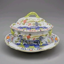 Cantagalli Garofano Italy Three pc Faenza Soup Tureen/Lid/Plate Blue Carnation