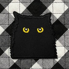 Spooky Black Cat Iron-On Patch Yellow Eyes Halloween Goth