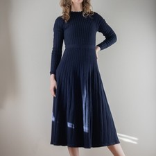 Boden Navy Blue Ribbed Knitted Long Wool Midi Luxury Minimalist Women's Dress
