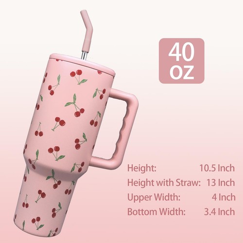 Bicchiere Ciliegio con Cannuccia e Coperchio Isolato Sottovuoto 40oz Acciaio Inox Rosa... - Foto 6 di 7