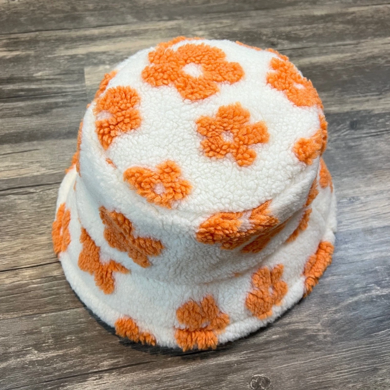 Orange Floral Sherpa Bucket Hat Cream Teddy Fleece Y2K Indie Soft Girl Festival