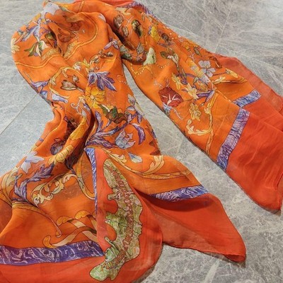HERMES PIERRES d'Orient et d'Occident Carre Silk Scarf 140cm Orange Used Rare