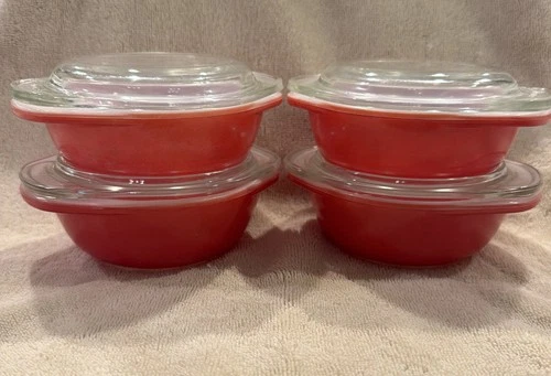 Set of 4 Vintage Pyrex 080 Flamingo Pink Mini Casserole with Lid 8 Oz Bowls