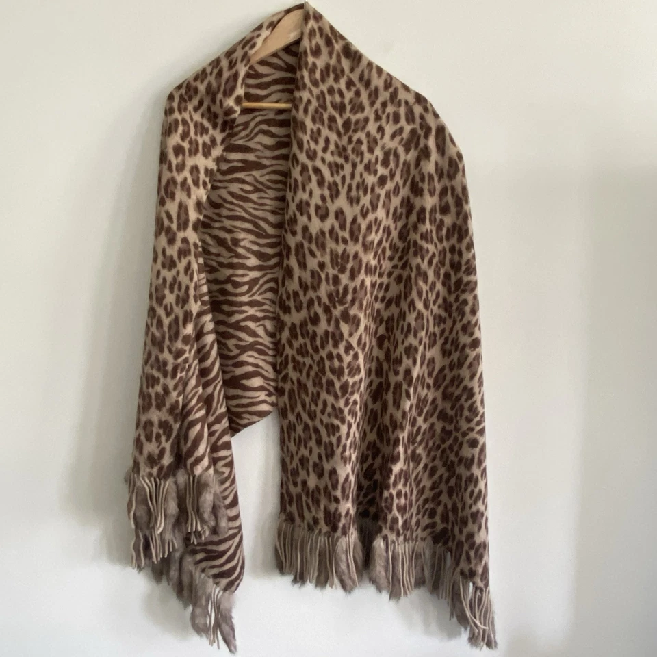 Gabriella Leopardo Cebra Chal Envolvente Bufanda Lana Genuina Piel de Conejo 28" Dinero Antiguo Foto 2 de 4