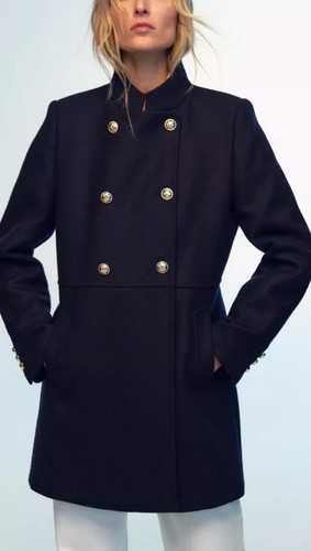 ZARA NEW WOMAN DOUBLE-BREASTED HIGH NECK COAT Navy Blue Ref 9037/141 size XS - Picture 1 of 7