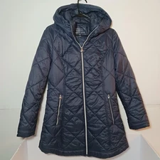 Laundry By Shelli Segal Long Quilted Blue Hooded Puffer Jacket Women Sz M
