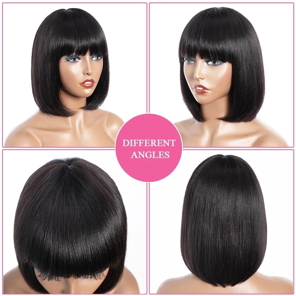 Short Bob Human Hair Wig with Bangs None Lace Front Wigs Brazilian Straight Hair - Image 4 of 4