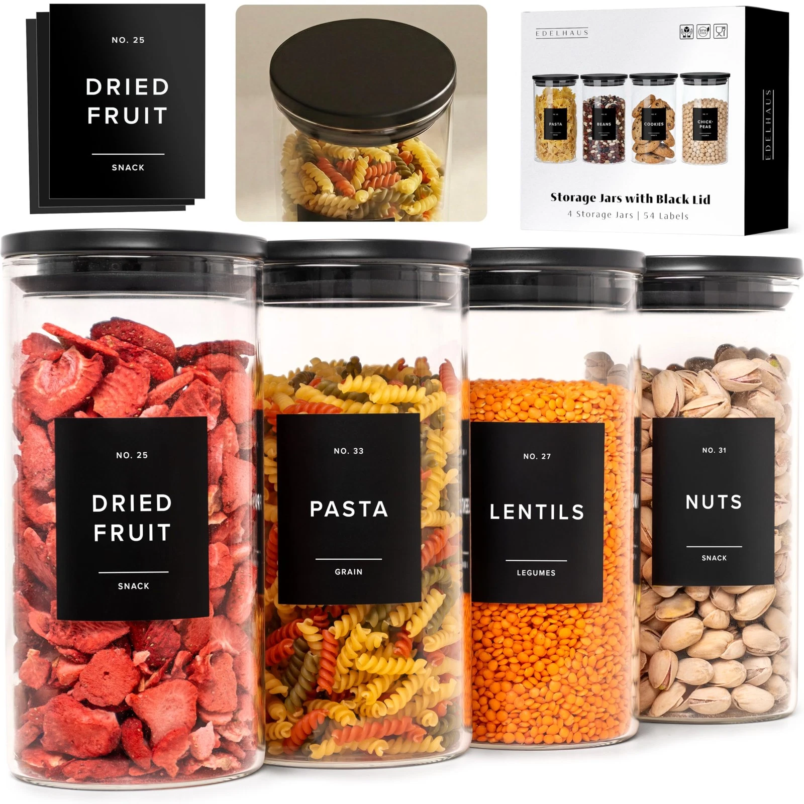 Glass Storage Containers with Black Lids [4x40oz] Extra Thick Glas with 54 La...