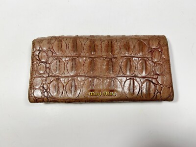 財布 MIU MIU Archive Leather Long Wallet miu miu Tri Fold Brown Croco Leather Gold Turn Lock Long Wallet