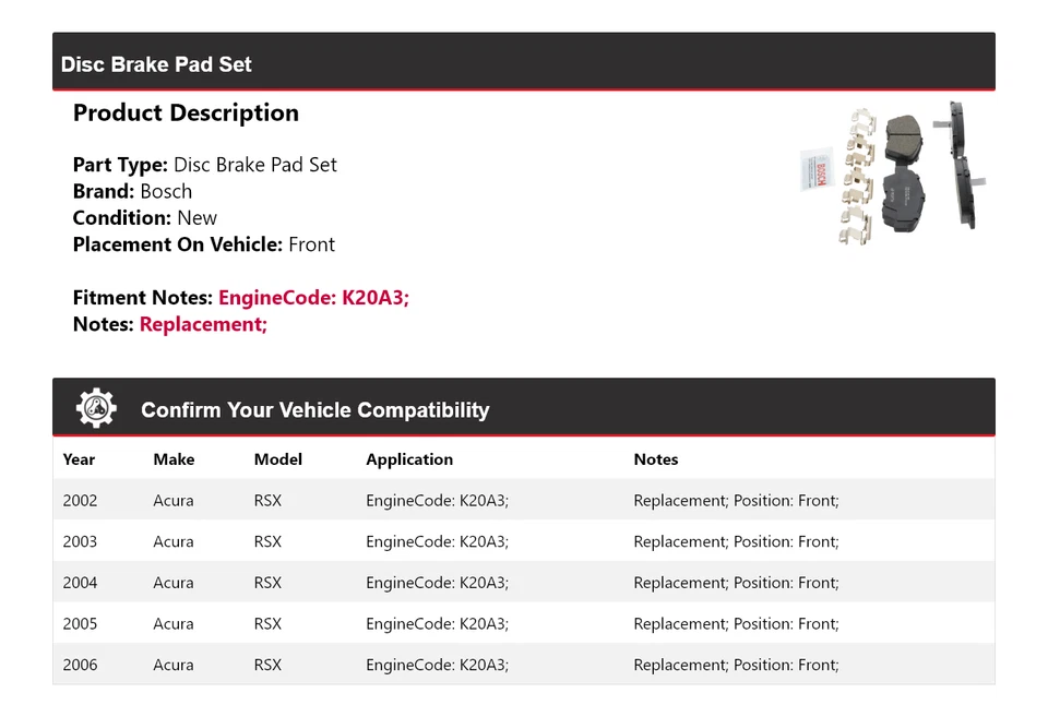 Pastillas de freno delanteras de cerámica QuietCast Bosch 2003 2004 2005 para Acura RSX 2002-2006 Foto 2 de 4