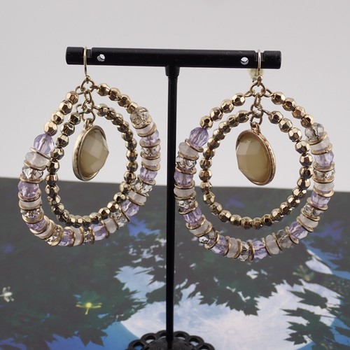 M Haskell Lavender Gold Double Dangle Beaded Hoop Gold Tone Pierced Earrings - Picture 2 of 5