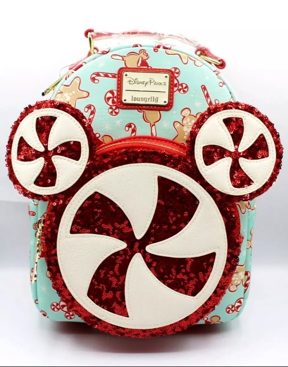 NEW Disney Parks Loungefly Mickey Christmas Peppermint Gingerbread Mini Backpack
