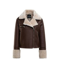 Nwt Women's Saddle Brown Faux Leather Shearling Jacket Size M