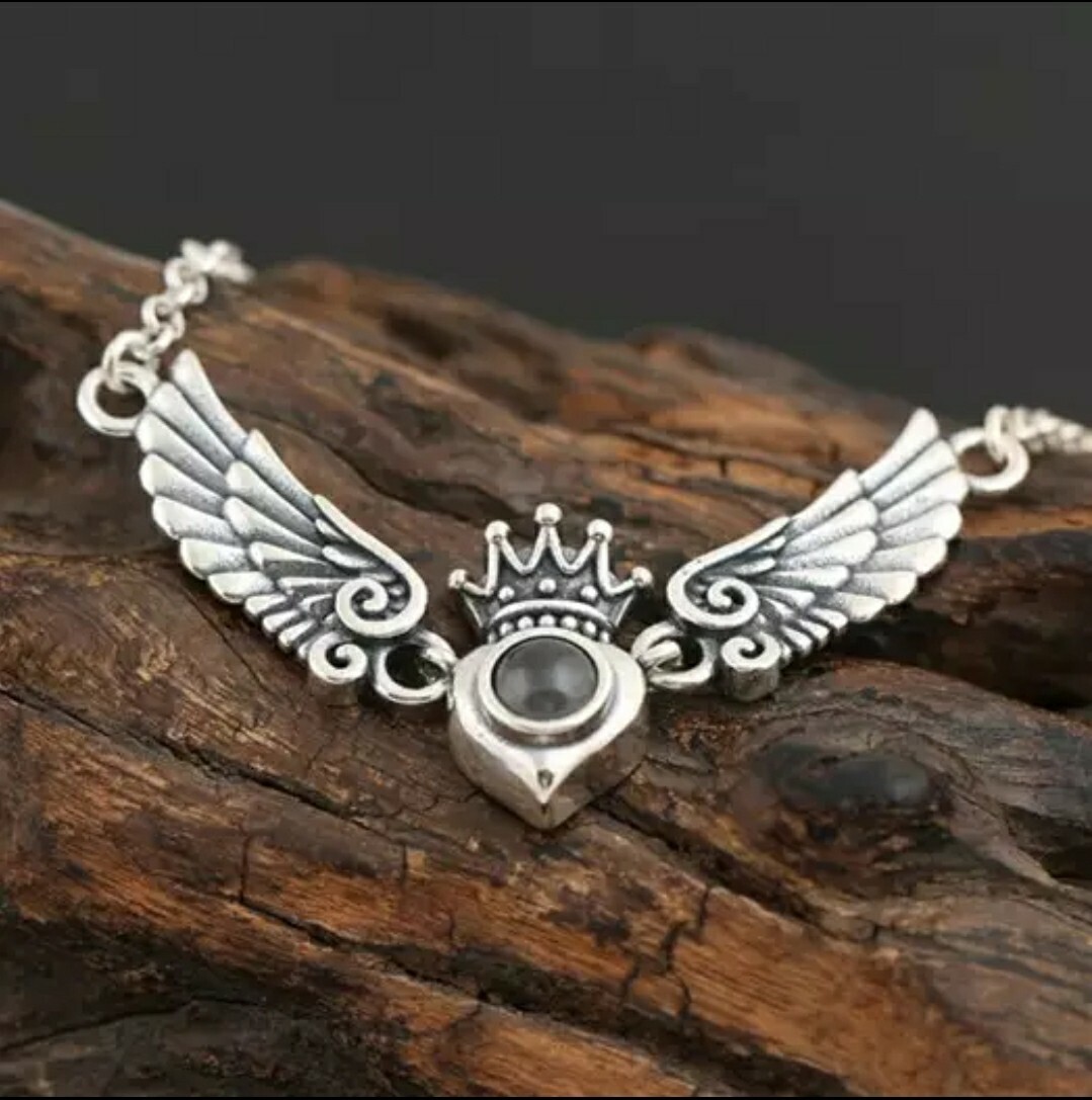 Sterling Silver Heart Crown Angel Wings Choker Necklace with 100 Languages Charm-image