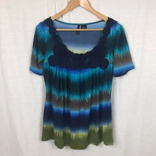 New Directions Women's Embellished Striped Short Sleeve Blouse Scoop Neck Small