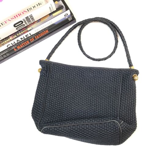Bottega Veneta Bag Navy Blue Handbag Woven Fabric Leather Handle Gold VTG