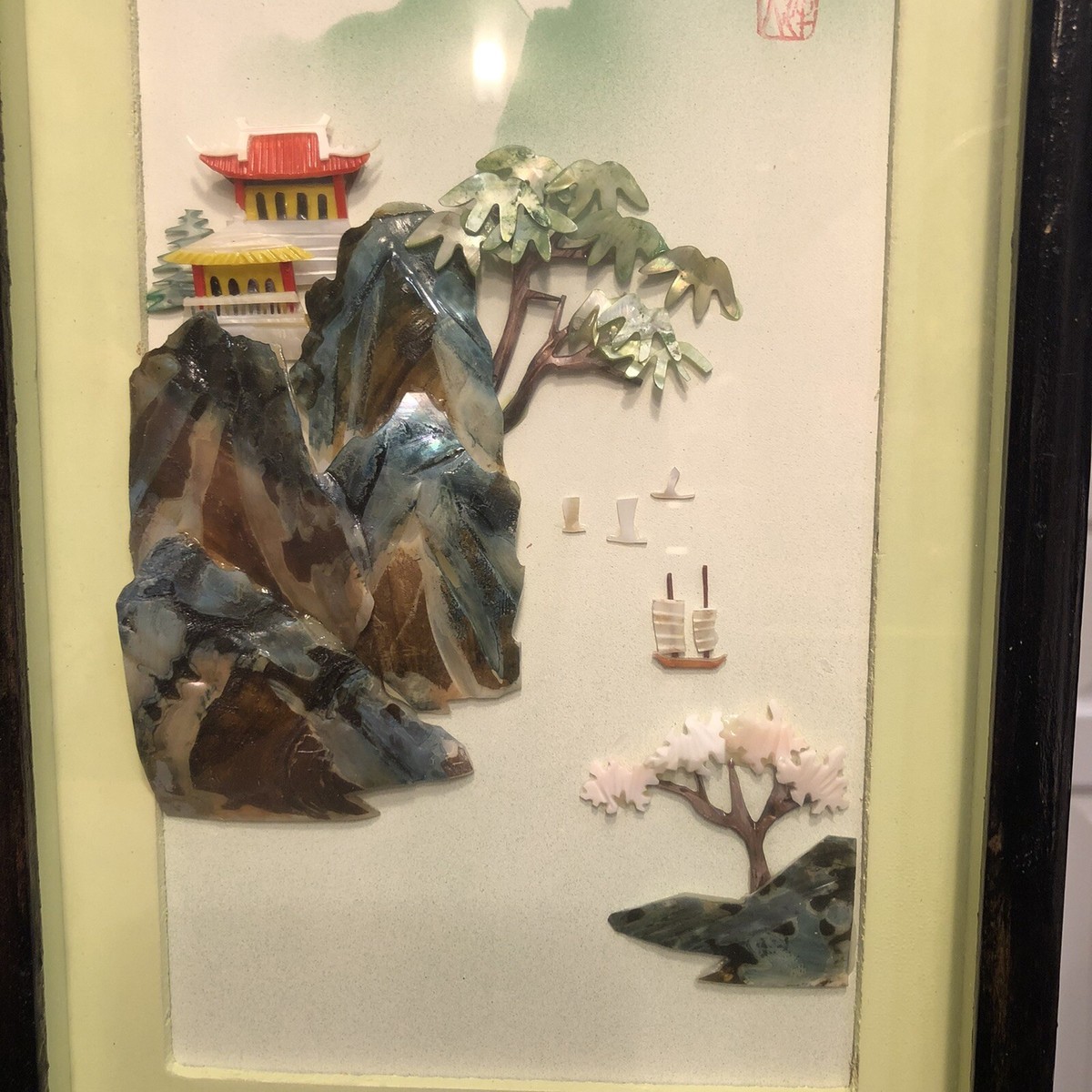 Vintage Chinese Framed Carved Mother Of Pearl Sea Shell Art Sea
