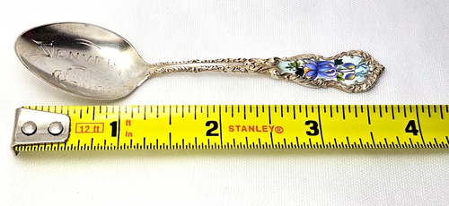 Denver Colorado Sterlingsilber Souvenir Löffel emailliert Columbine Blumen 3 7/8" - Bild 5 von 6
