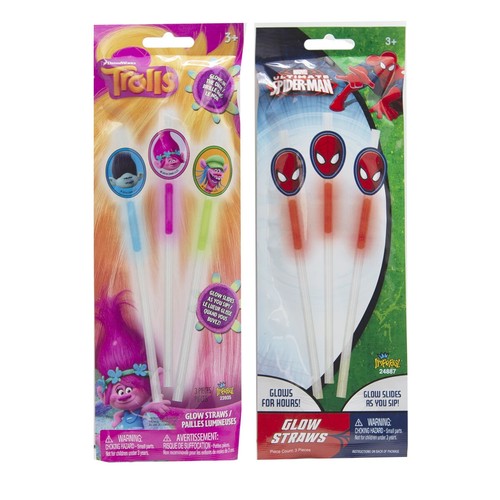 Licensed Glow Stick Straws (Licensed Spider-man™ & Trolls™) pack of 3