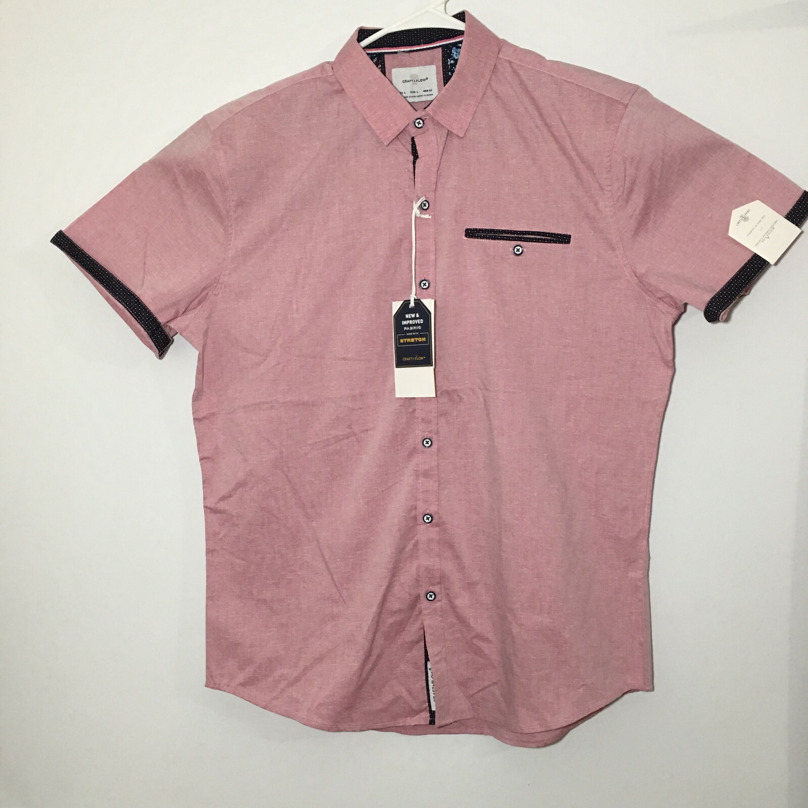CRAFT+FLOW DRESS BUTTON DOWN SHIRT,SHORT SLEEVE PINK MEN'S DRESS SHIRT