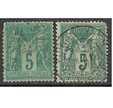 Timbre FRANCE YT 75 MI 59 5c SAGE type II 1876 1878 Obli. Nuances de couleurs