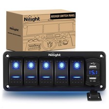 5 Gang Rocker Switch Panel with 4.8 Amp Dual USB Charger Voltmeter Waterproof 12