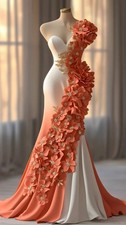 Floral V-Neck Prom Dress Sleeveless Orange White Gold Lace Appliqued Appliqued