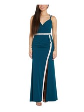 NIGHTWAY Womens Teal Slit Spaghetti Strap Full-Length Evening Faux Wrap Dress 4