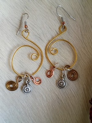 Spiral Shape Round Brass Mixed Metal Artisan Wirework Folk Earrings