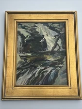 ANTIQUE PAINTING LANDSCAPE WATERFALL IMPRESSIONIST AMERICAN MYSTERY ARTIST OIL