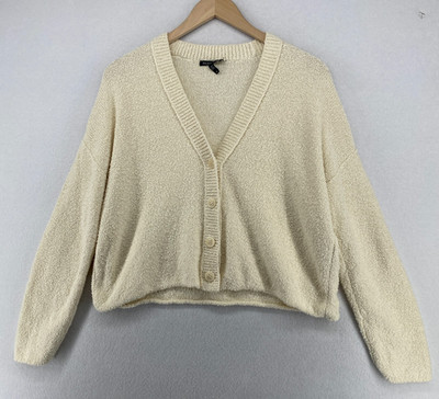 EILEEN FISHER Sweater S Organic Cotton Boucle Boxy Cardigan Button Up Off White